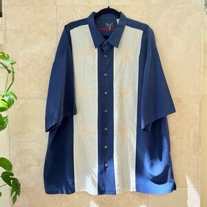 Bamboo Cay Navy White Paneled Pacific Palms Embroidered Camp Shirt 2XL NWT